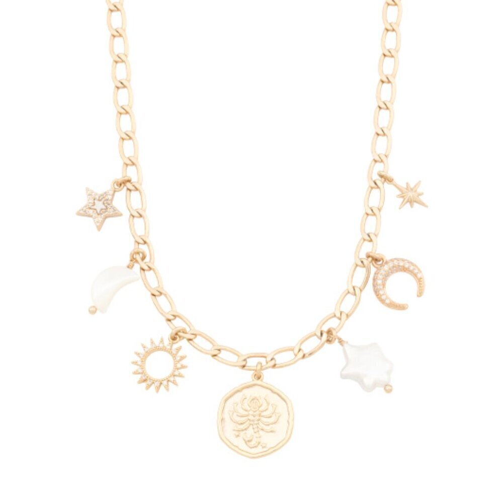 NWT LUNA NORTE Scorpio Gold-Tone Astrological Pearl Charm Necklace *FLAWED*